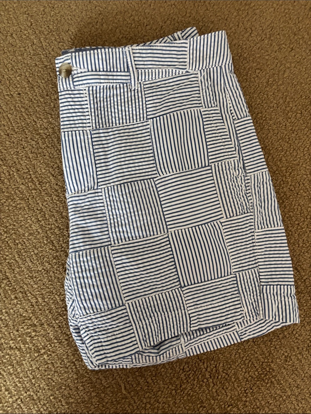 L.L. Bean Blue and White Patchwork Stripe Flat-Front Shorts with Front and Back